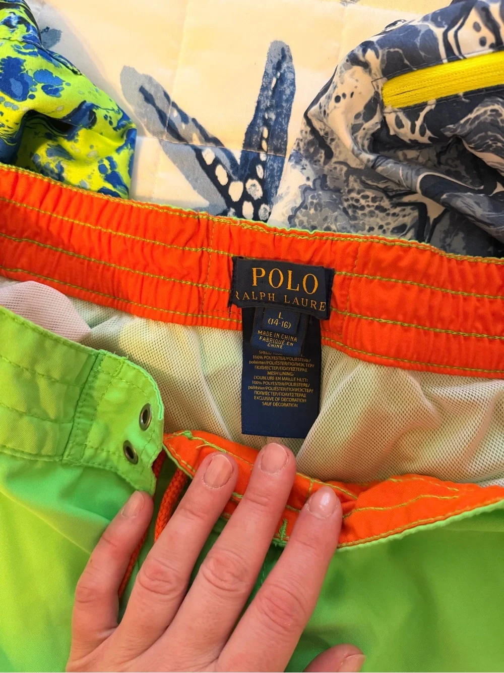 Ralph Lauren Neon Green Swim Shorts with Blue and Navy Patterned Trunks bodyglov